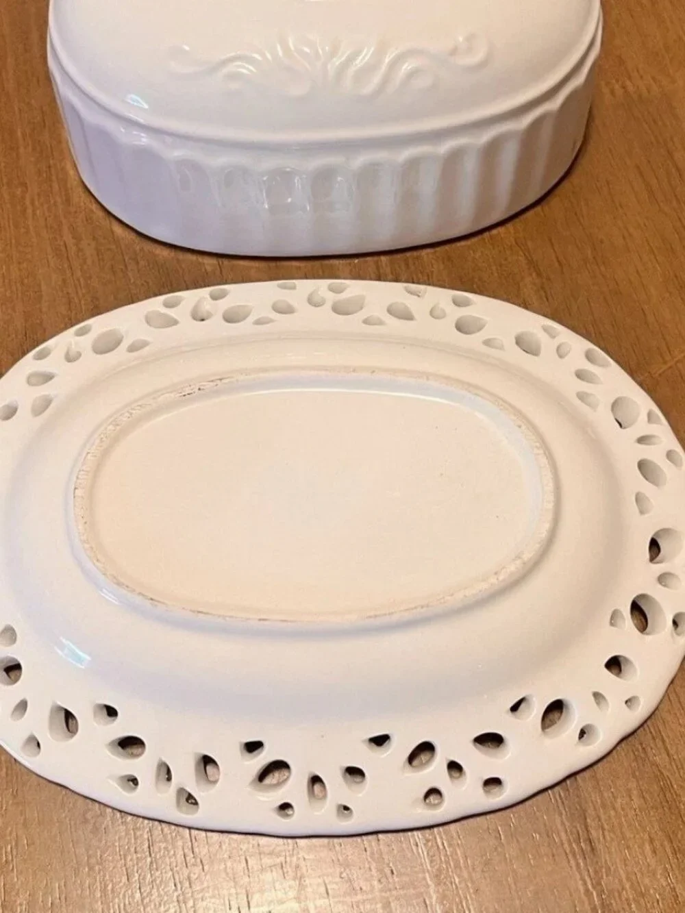 Vintage THL French Cottage Oval Butter Dish with Bronze Badge & Lattice Edging